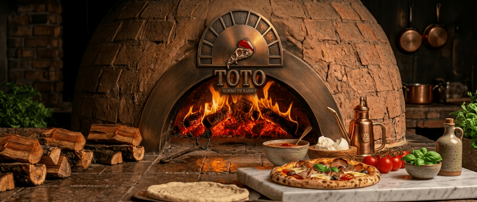 Horno de barro TOTO encendido, con el logo grabado en bronce sobre el arco